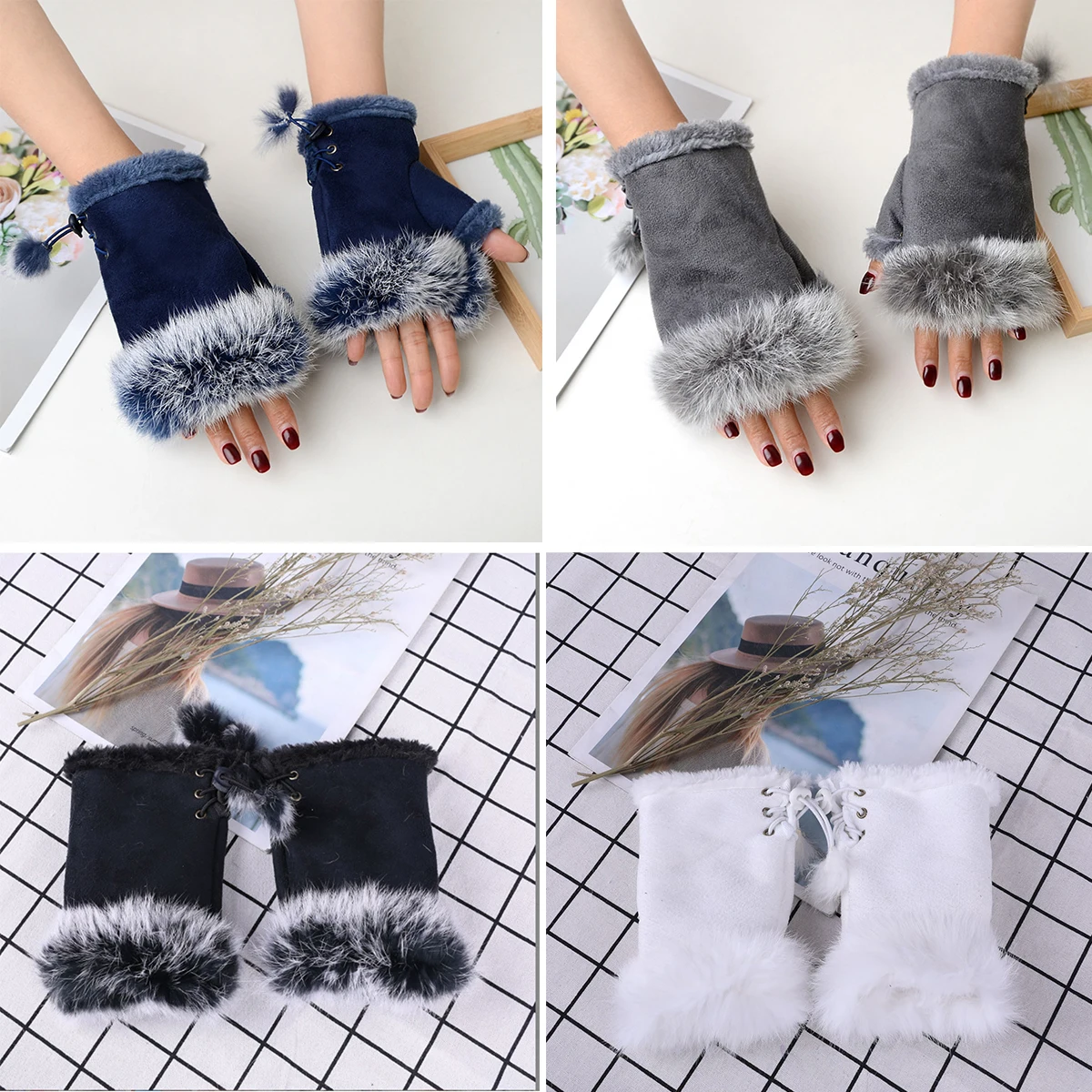 

Ladies' Open Fingered Gloves Pom Pom Winter Gloves Winter Faux Fur Gloves Soft and Warm with Warm Lining