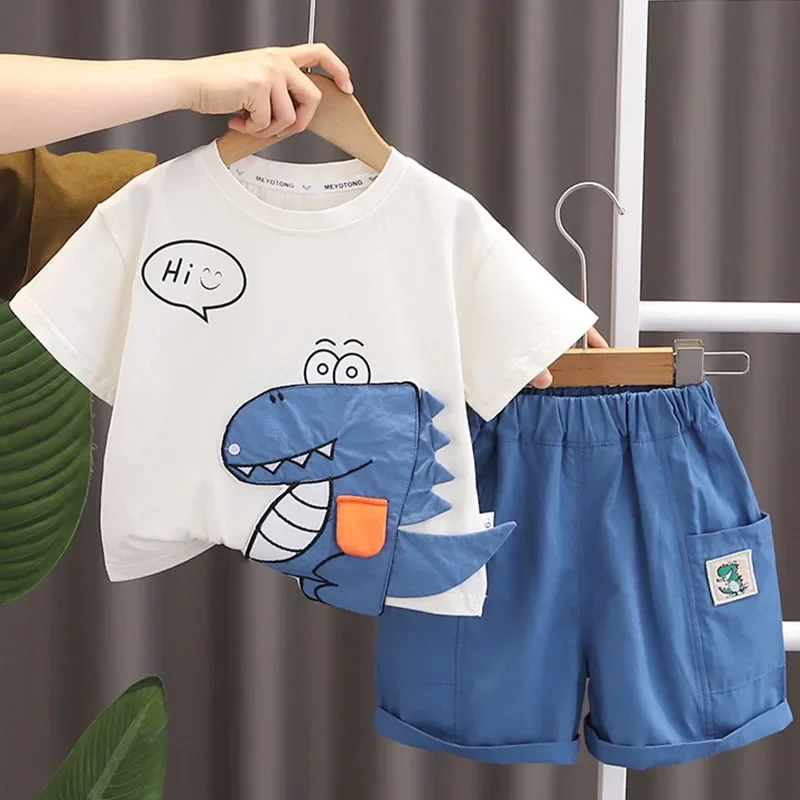 

2Piece Summer Toddler Boy Clothing Korean Casual Cartoon Cute Crocodile White Baby Tops+Shorts Children's Sets Kids Clothes B148