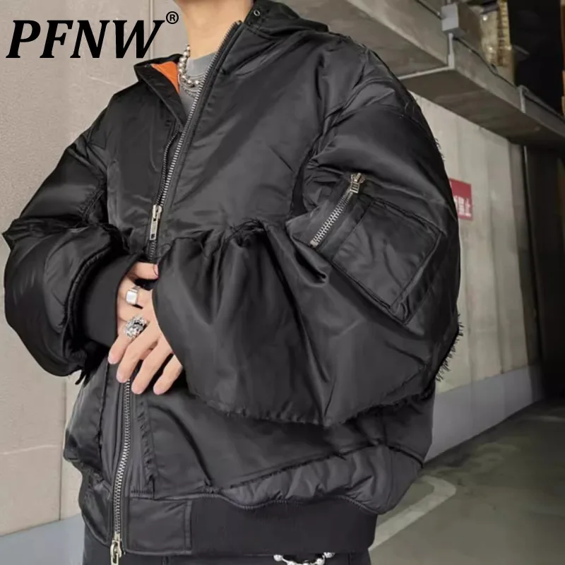 

PFNW Winter New Black Cotton-padded High Street Fashion Hooded Pocket Niche Design Cotton Jacket With Multiple Zippers 12C1161