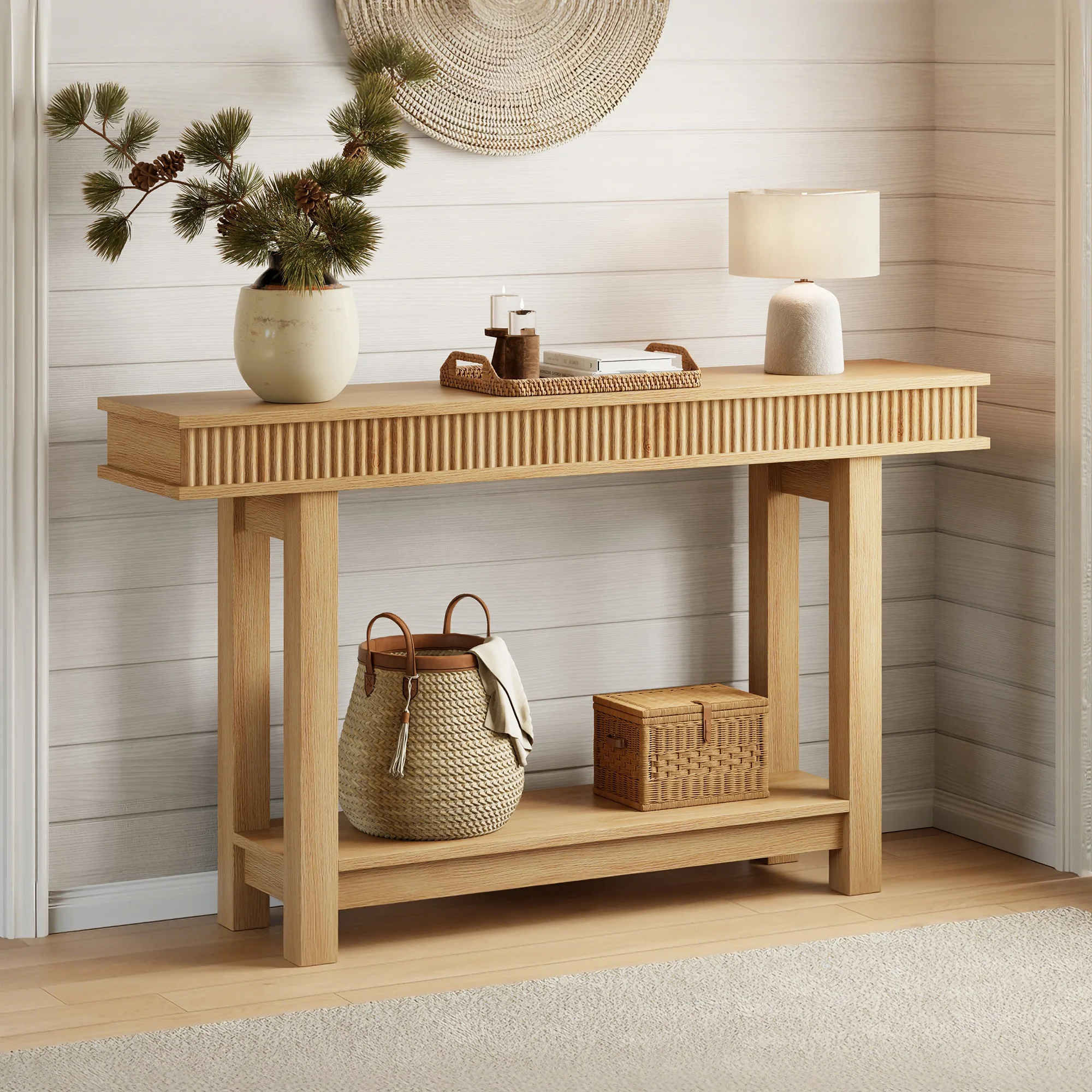 Tavolino consolle stile rustico con scanalature, tavolino rettangolare a due livelli in legno per ingresso con ripiano portaoggetti, tavolino stretto per divano, ideale per corridoio, foyer e sala da