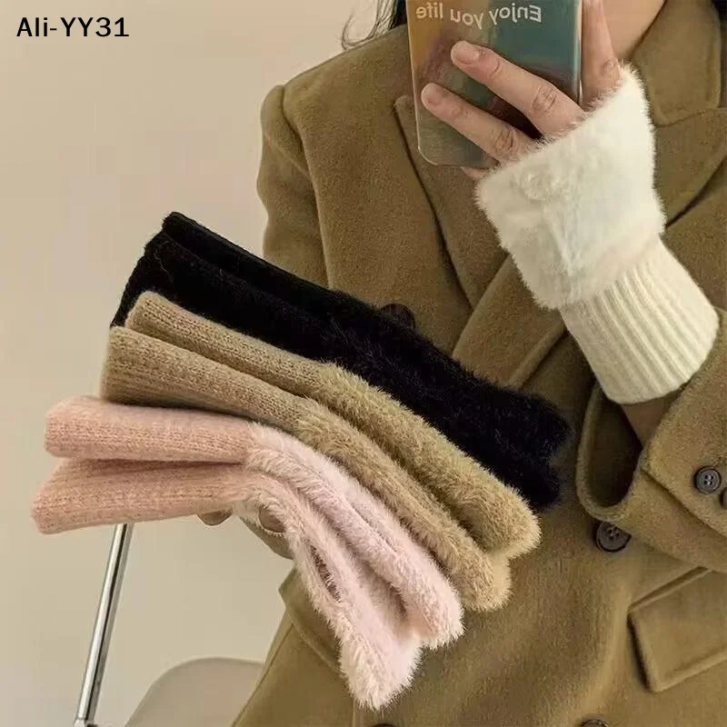 Ya3Au1Pair Warm  Half-finger Gloves For Women In Autumn And Winter, Versatile And Plush, Cute Office Half-finger Gloves