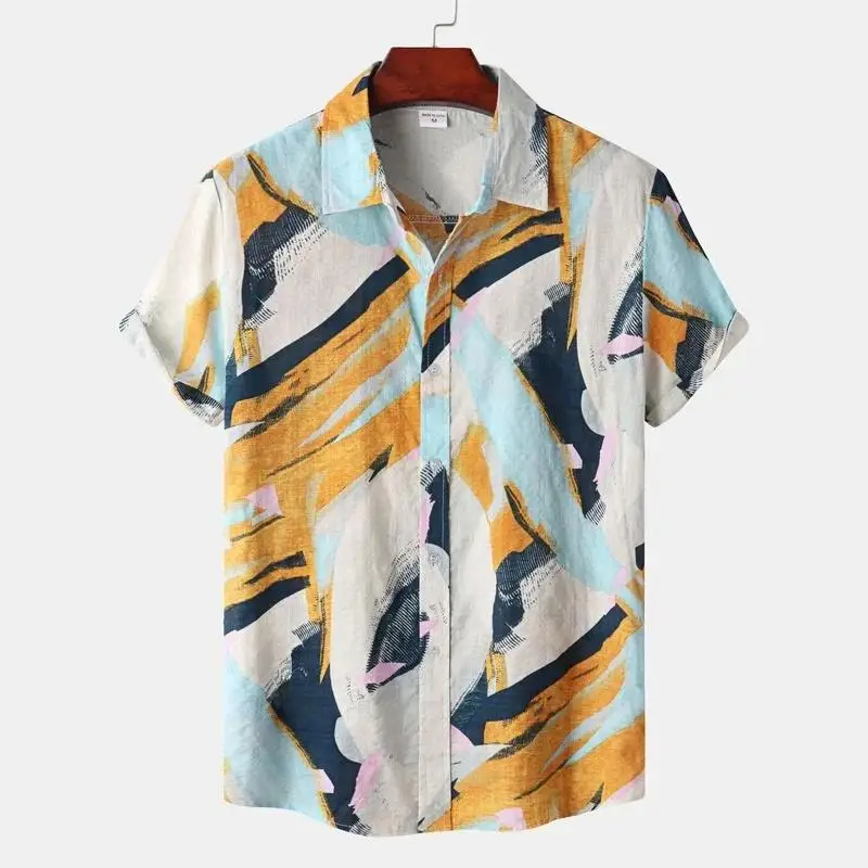 Men\'s Splice Print Shirts Casual Beach Hawaiian Short Sleeve Male Tops Turn-down Collar Button Men Shirts Chemise Homme