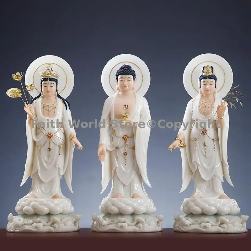 XI FANG SAN SHENG a set 3PCS High grade white jade gods buddha statue Amitabha guanyin Mahasthamaprapta bodhisattva home Offer