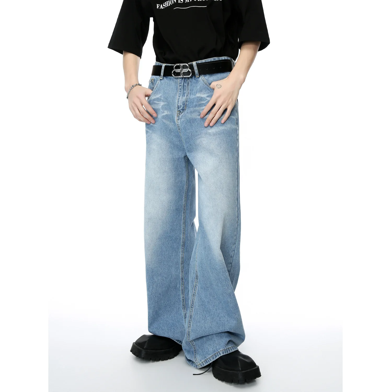 

Washed High Waist Jean Men Denim Jeans Solid Loose Fit Straight Full Length Pant Zipper Fly Distressed Spring 2025 Vintage