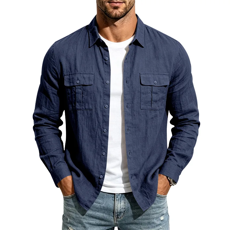 Spring and Autumn Men's Linen Lapel Long Sleeve Shirt, Multi-Pocket European and American Casual Loose Men's Top