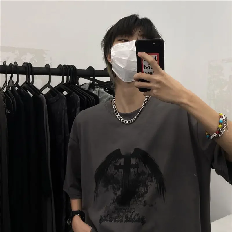 Y2K Emo Men Summer Oversized T-Shirt Korean Harajuku Tshirt Streetwear Dark Academia Hip Hop Alt Long Sleeved T Shirts Clothes