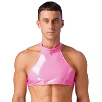 Mens Sleeveless O Ring Halter Patent Leather Crop Top Halter Neck with 2 Press Buttons Backless Vest Tops Rave Party Clubwear