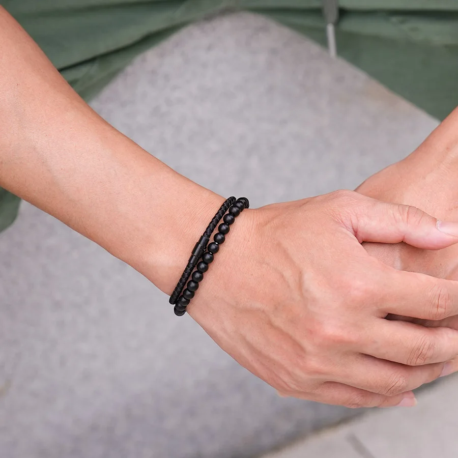 

Stylish 2Pcs/Set Men Bracelet Apparel Accessories Grade A Keel Rope 6mm Natural Onyx Stone Braslet Leisure Charm Hombre Jewelry