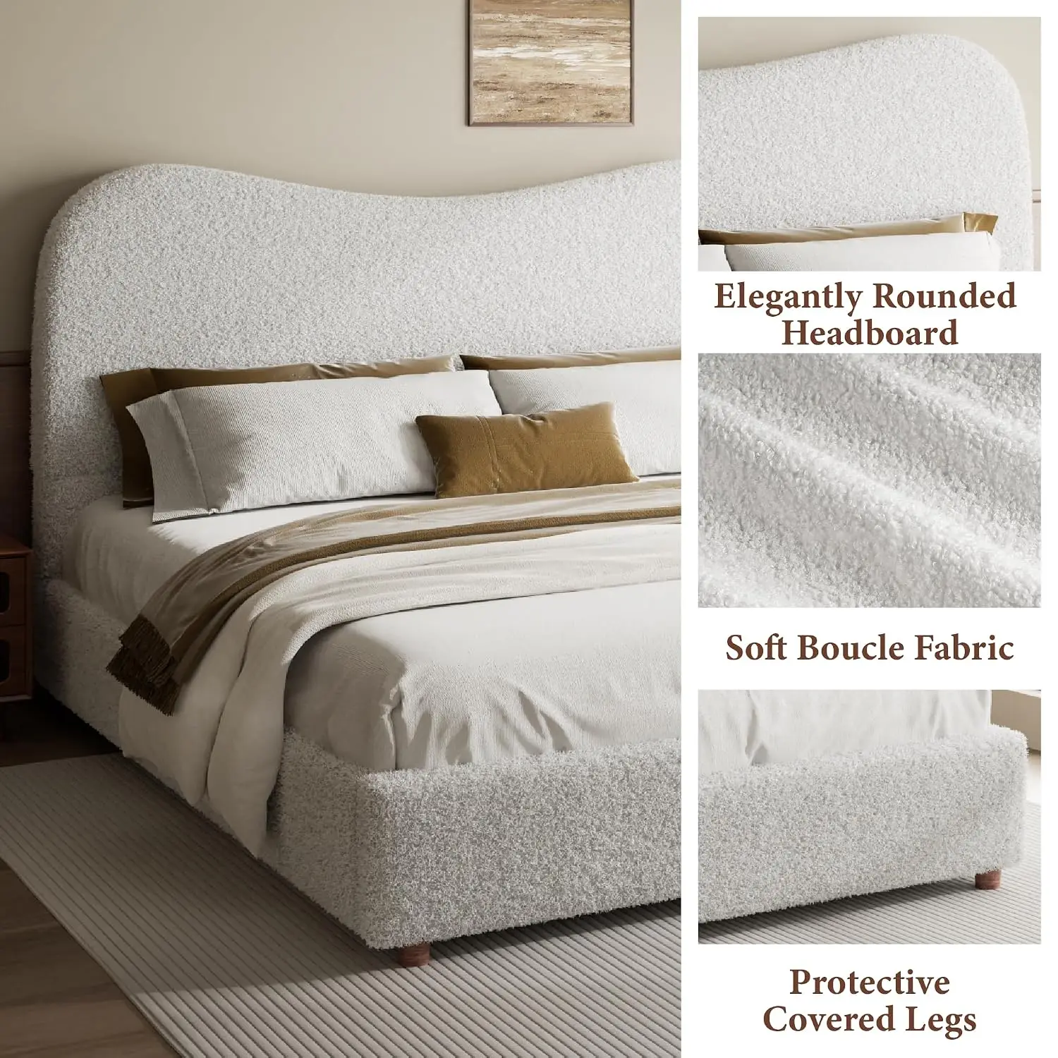 Beige Boucle Upholstered Platform Bed Frame With 47.2" Tall Headboard, Customized image 4