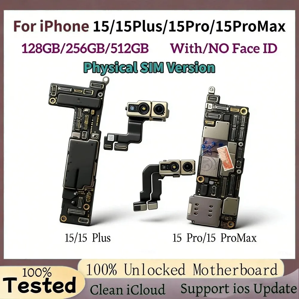 Unlocked For iPhone 15 Pro Max 15 Plus 15Pro NO/With Face ID Motherboard SIM Version Clean iCloud Logic Board Mainboard Replace