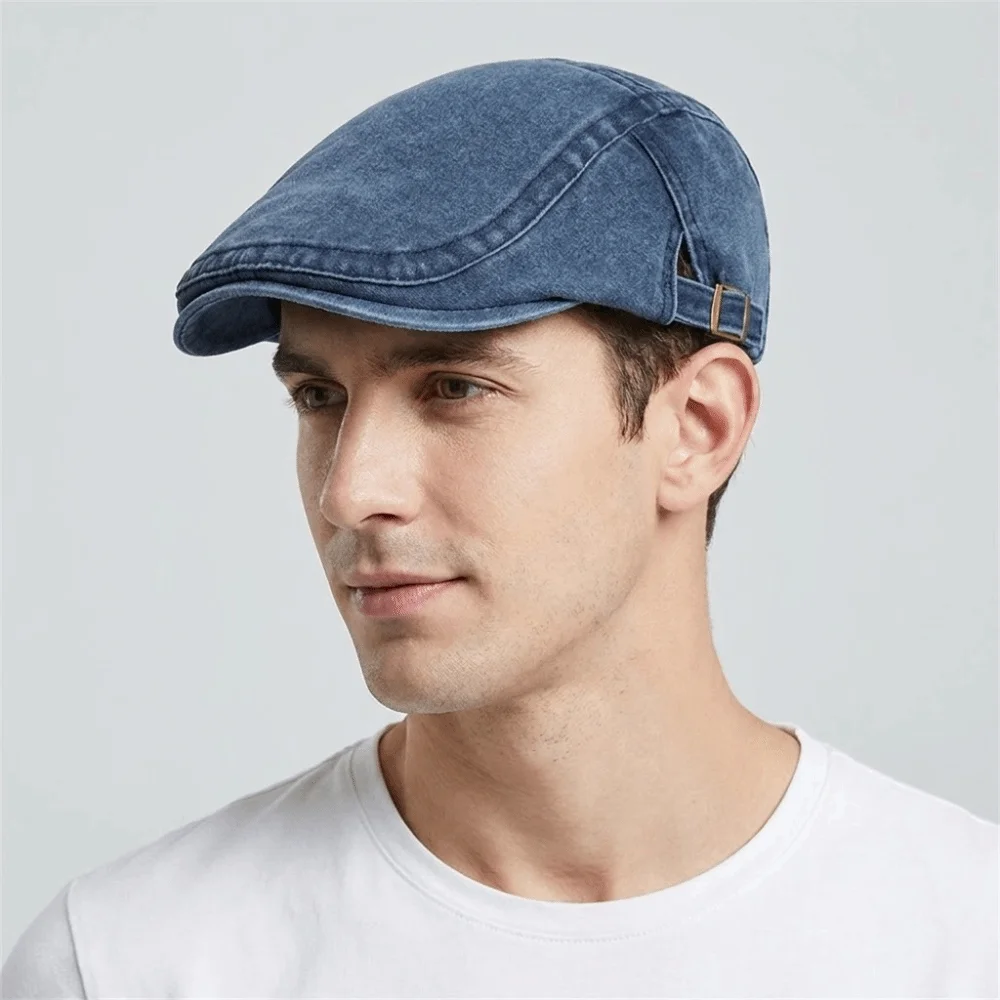 Casual Cotton Washed Denim Newsboy Caps Adjustable Solid Color Painter Beret British Style Forward Hat Peaked Cap Men
