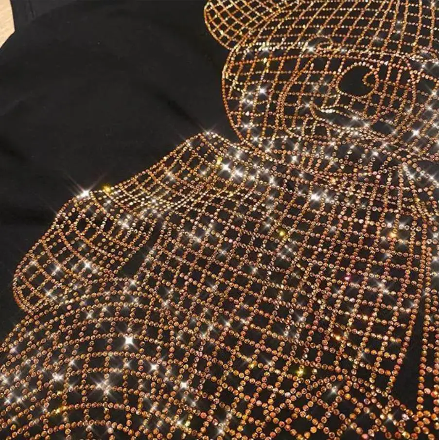 Gold Diamand Girls Fashion Tops Shiny Rhinestone T-shirt Women's Short Sleeve 2025 Spring New Women's Clothing Fashion