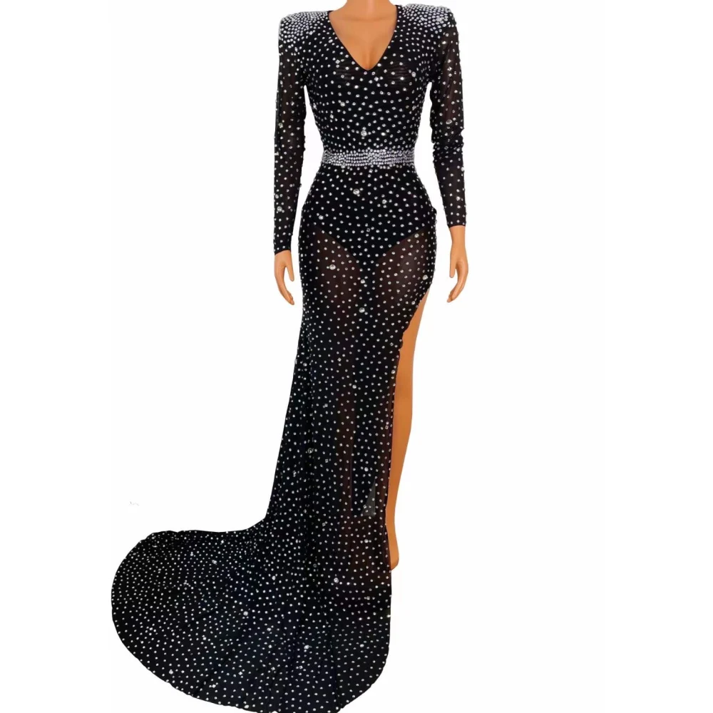 Multicolored Shining Rhinestones Long Sleeve Sexy Split Women Dress Evening Banquet Clothing Model Costumes Ballroom Wears