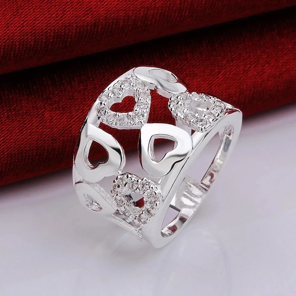 Hot new 925 sterling Silver Rings For Women wide fine crystal heart Fashion Party Gift Girl Charm wedding luxury Jewelry