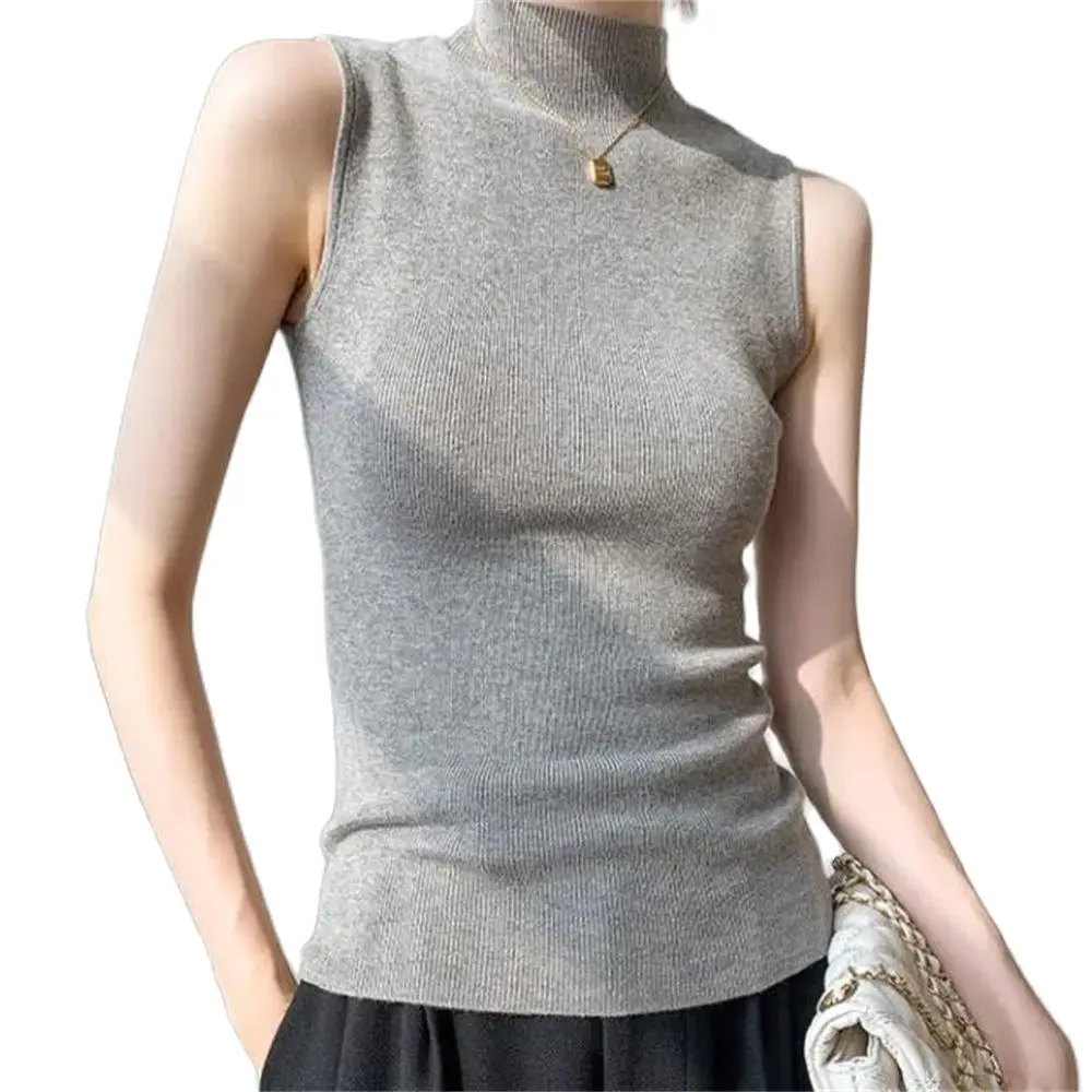 Women's Half-Turtleneck Sleeveless Vests Cashmere Sweater Vest Knitted Wool Waist Bottom Knit Jumper