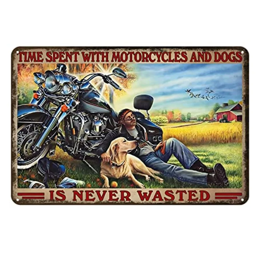 

Time Spent with Motorcycles and Dogs is Never Wasted Gifts Funny Bathroom Decor Wall Art Coffee Bar Vintage Metal Tin Sign Offi