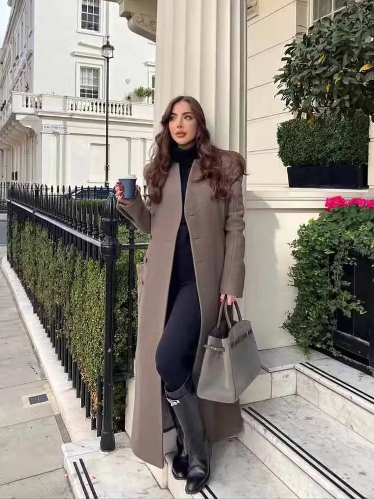 HH femme hiver mode col montant une rangée de boutons latéraux serrer la taille épaulettes déplacements décontracté Long pardessus