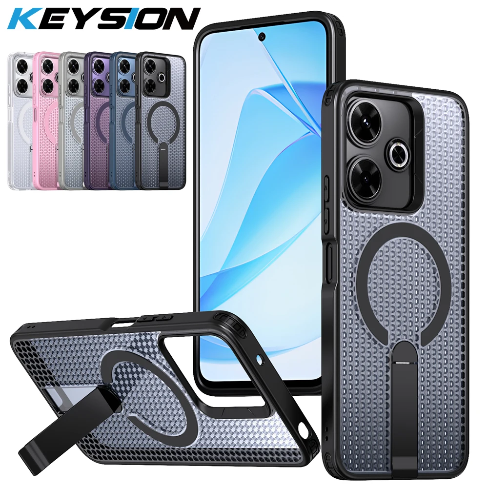 KEYSION Hohlraum-Wärmeableitungs-Magnetgehäuse für Redmi 13 12 5G Kühlende Versteckbare Ständer Stoßfeste Handyhülle für Xiaomi POCO M6 4G