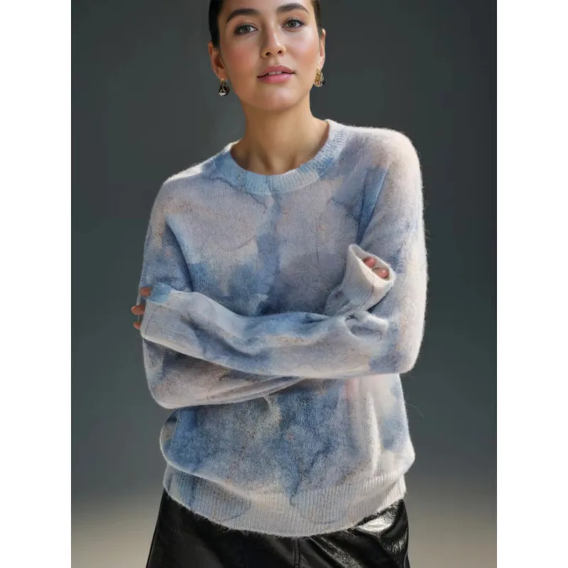 

Женский свитер из альпаки с принтом тай-дай, осенние тонкие шерстяные пуловеры с круглым вырезом, свободные мягкие вязаные пуловеры