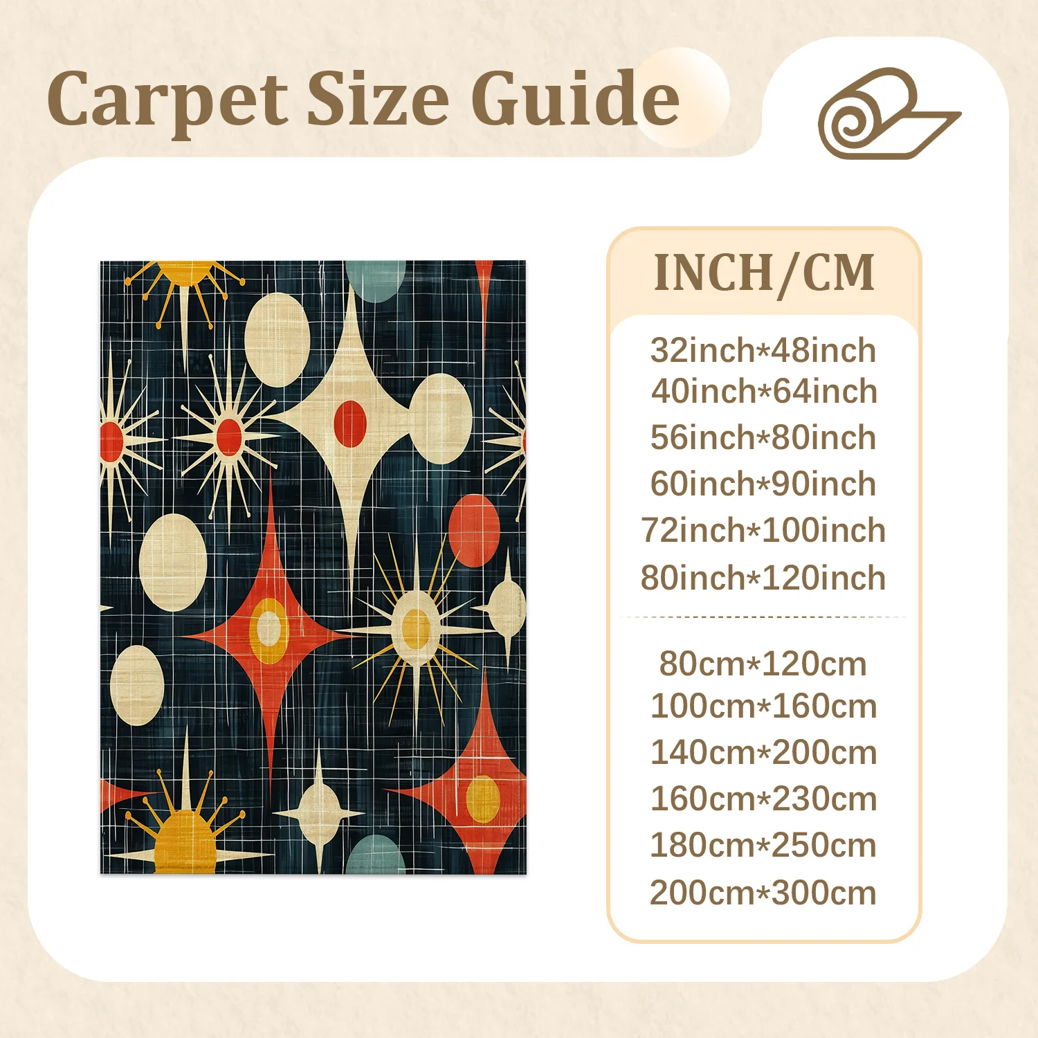 Large Indoor Area Rug - Soft Velvet Low Pile, Non-Slip Dotted Backing, Machine Washable Mid-Century Atomic Starburst Dark Blue Decorative Rug for Living Room Bedroom