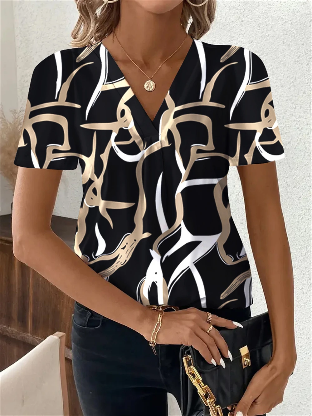 

Summer Elegant Print Women Fashion Blouses Casual Polka Dot Printed V-Neck Short Sleeve Tops Casual Loose Pullover Casual Top
