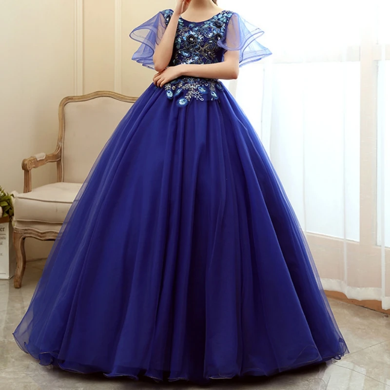 Vestido De fiesta De cumpleaños De princesa azul real elegante para mujer, apliques De encaje, Vestido largo De baile De graduación, Vestido De quinceañera xv 15