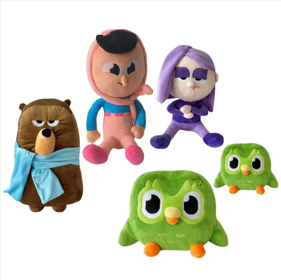 Duolingo coruja verde violeta cabelo legal irmã brinquedo de pelúcia boneca travesseiro chaveiro animal de pelúcia presente para alunos de idiomas