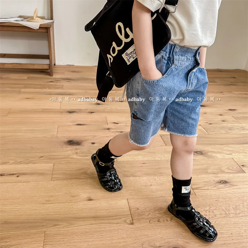 2024 Summer New Baby Girls Denim Shorts Children Solid Casual Shorts Boys Fashion Pocket Patch Print Short Jeans Kids Clothes