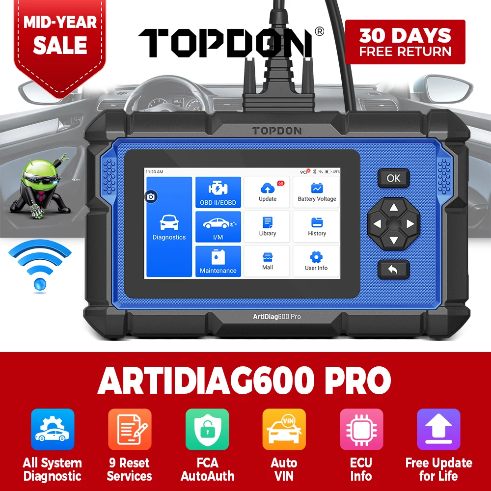 TOPDON ArtiDiag600 Pro Scanner Diagnoses Engine, ABS, SRS, TCM, BCM, TPMS and All Vehicle Modules, Not Only Basic OBD2 Codes. It Clears DTCs, Views Real-Time Data, Prints Diagnostic Reports and Runs One-Click Full System Scans for Fast Fault Detection.