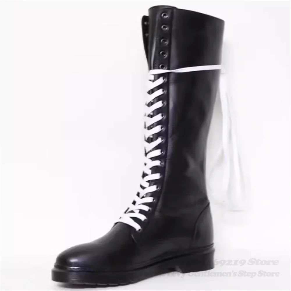 

Knight Boots Men 2025 Winter New Black Leather Trendy High Top Boots Increased Height Back Zipper Knee High Motorcycle Boots