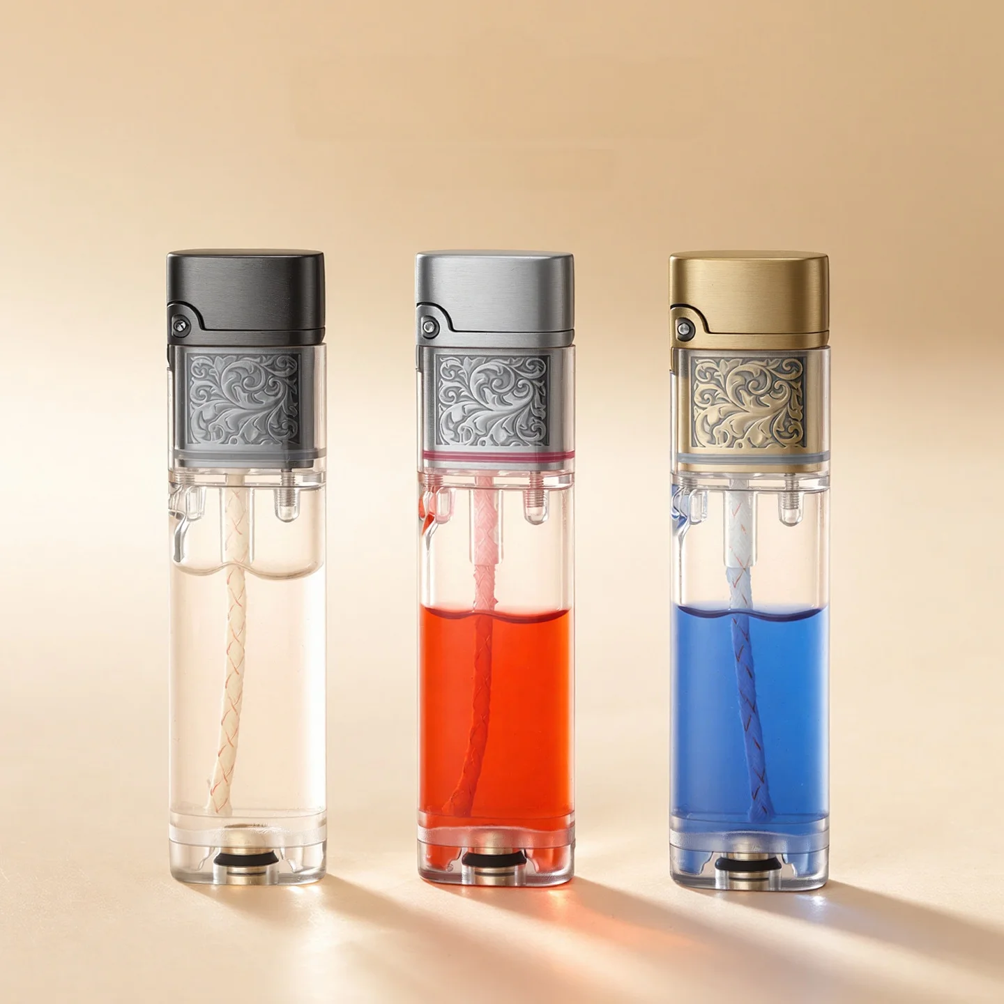 Transparent Visible Fuel Tank Kero Lighter Vintage Carved Metal Top Flint Ignition Refillable Retro Collectible Gift