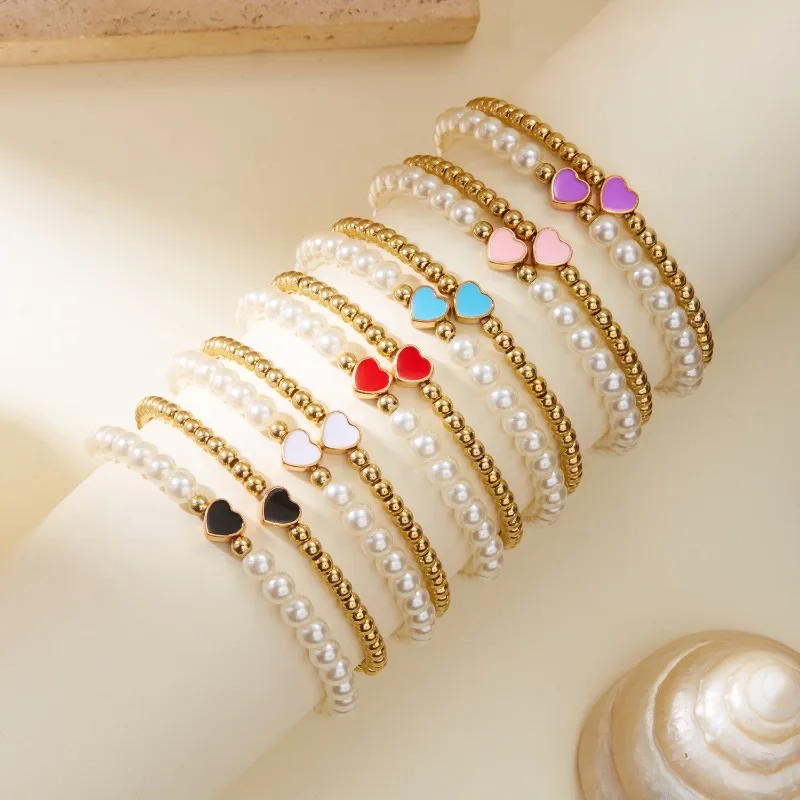 2pcs/set Heart Geometric Lover Oil Drop Plastic Pearl Beaded Double-layer Bracelets Women Girls Gift