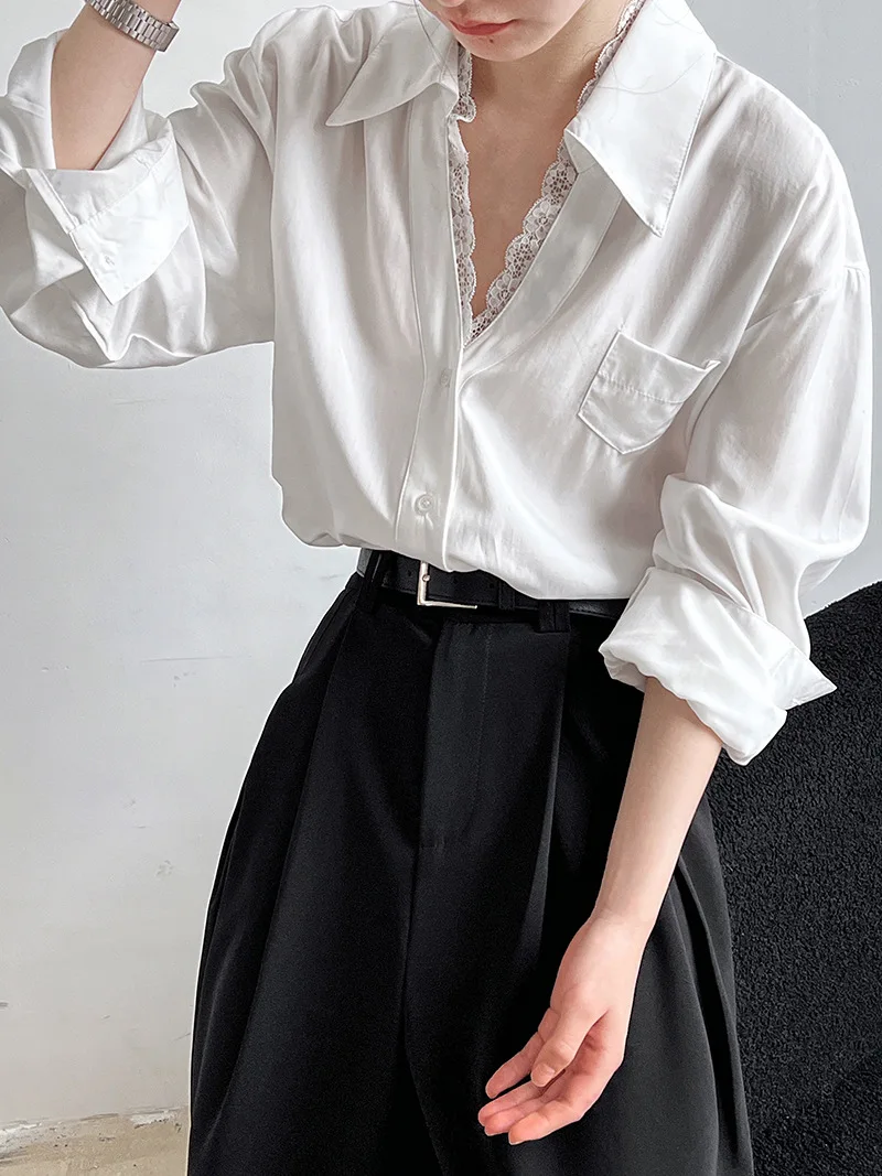 

Женские кружевные лоскутные рубашки с воротником-поло, весна-лето, однобортные свободные повседневные блузки с карманами