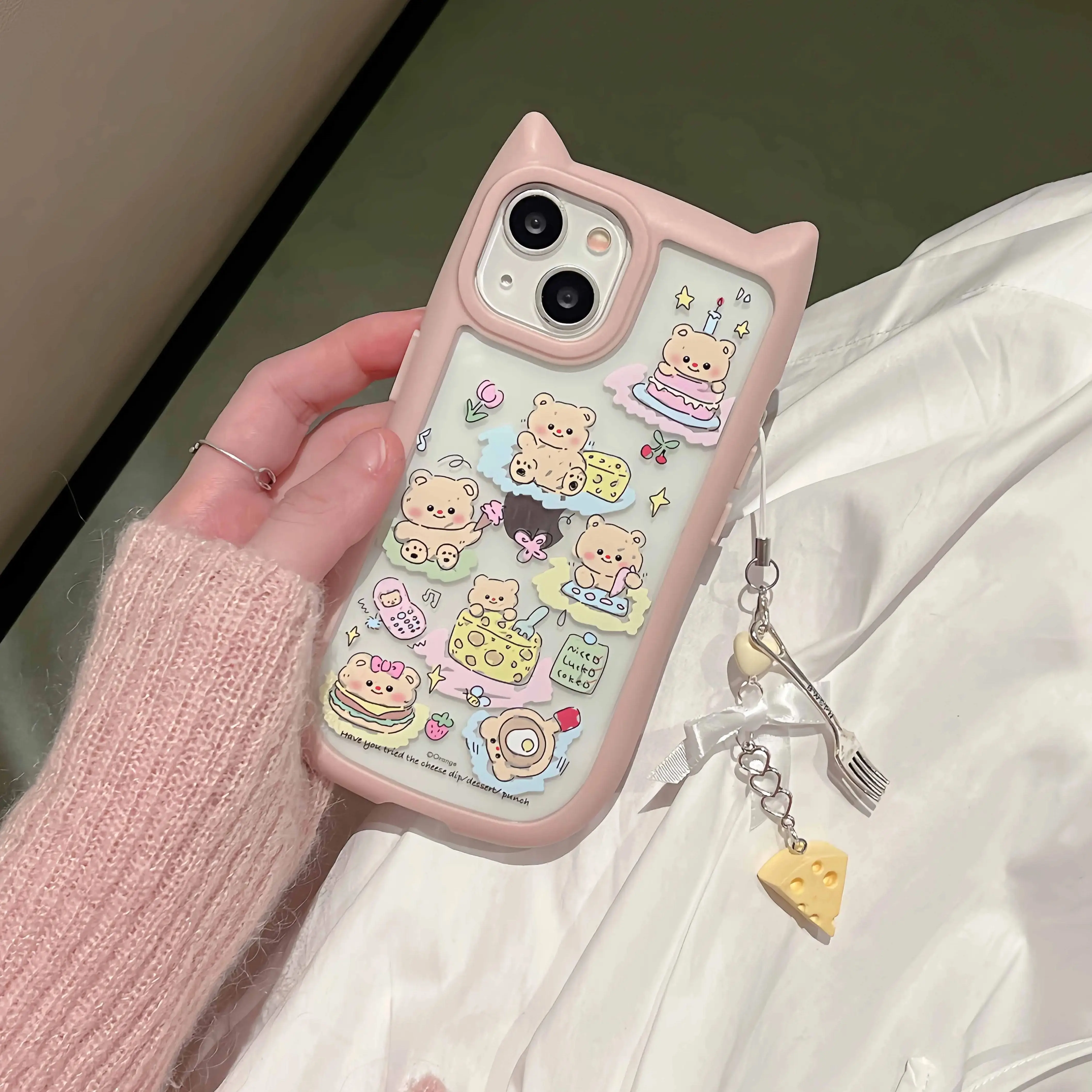 3D cheese fork pendant cute phone case for iphone 15pro 13 11 13promax 12 14 15 pro max pink cat ears frame cartoon bears cover