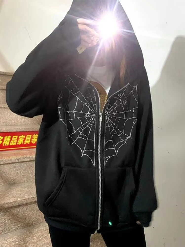 Harajuku Gothic Women Oversized Zip Hoodie Shiny Rhinestone Heart Spiderweb Pattern Hooded Sweatshirt Y2K Street Fashion Jacket