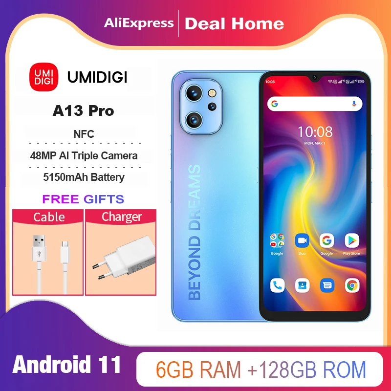 UMIDIGI A13 Pro هاتف ذكي أندرويد NFC 48MP AI كاميرا ثلاثية 128GB 6.7 "شاشة كاملة 5150mAh الإصدار العالمي الخلوي الهاتف المحمول
