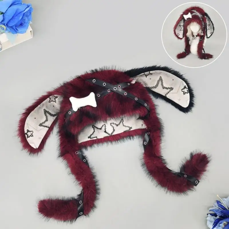 Plush Rabbits Ear Hat with Long Animal Ears, Star Pattern, and a Brimless Pull-On for Fall and Winter Daily Styling, Y08E