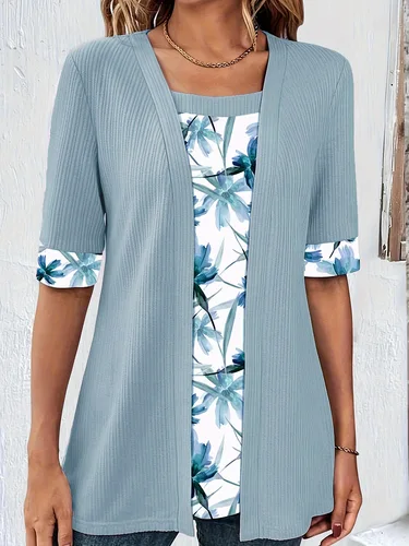 Imagen 2 del producto Camisetas de talla grande para mujer, camisas de dos piezas falsas de retales elegantes a la moda, Tops holgados de media manga con estampado informal de verano 2024