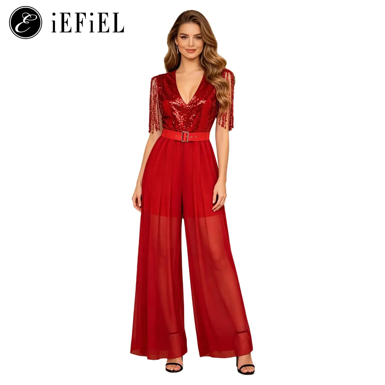 Women Glitter Party Rompers Deep V Neck Shoulder Tassel Sleeveless Sequined Bodice Wide-leg Bottoms Jumpsuit with Waist Belt Set