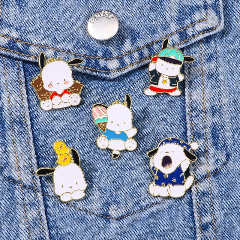 Sanrio Pochacco Desenhos Animados Esmalte Pin, Lapela Broches, Denim Jacket Jóias, Decoração Mochila, Acessórios Presente, 5 Pcs