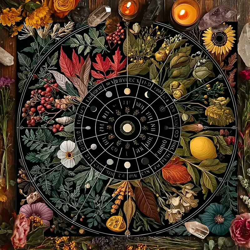 

Botanical Astrology Divination Tablecloth Floral Mandala Wheel Design Tarot Altar Cloth Seasonal Botanical Pattern for Wiccan