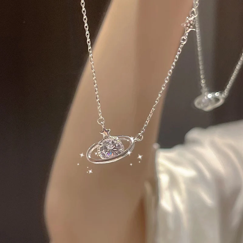Zircon Planet Necklace Female Light Luxury Unique Fashion Star Pendant Sweet and Exquisite 925 Silver Clavicular Chain KOFSAC