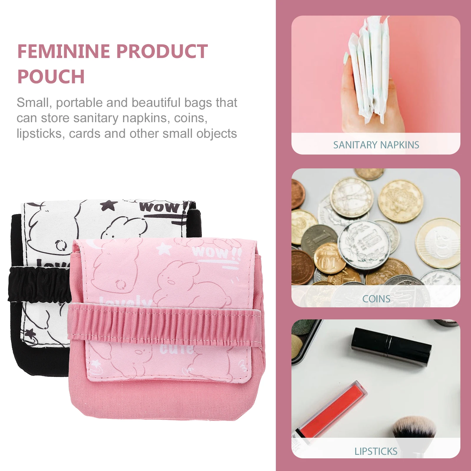 

2pcs Sanitary Napkin Bag Pink Tulip Sunflower Feminine Product Pouch Travel Small Bag Pad Storage Tampon Holder