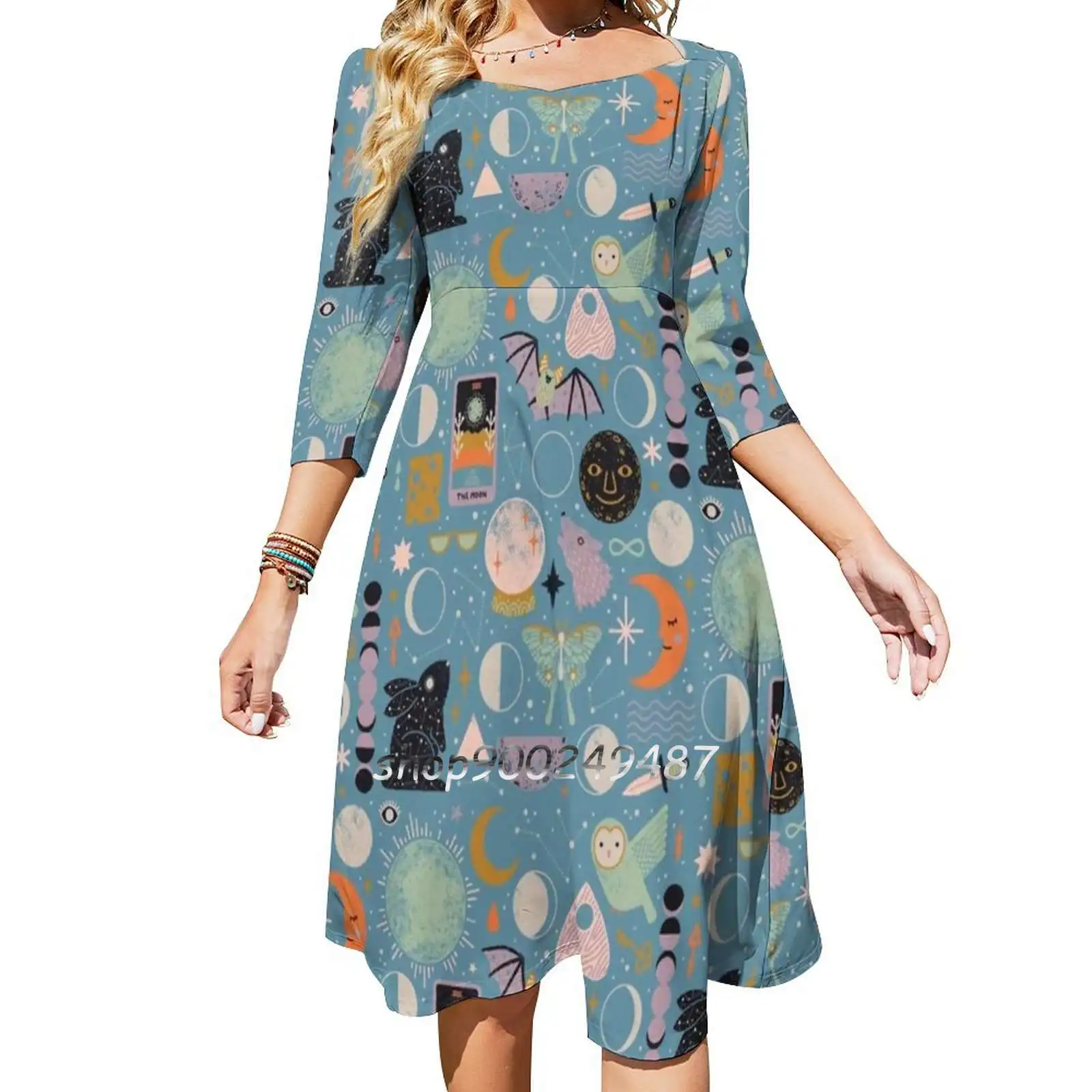 Lunar Pattern : Flare Dress Square Neck Dress Elegant Female Fashion Printed Dress Moon Lunar Luna Celestial Space Stars Rabbit