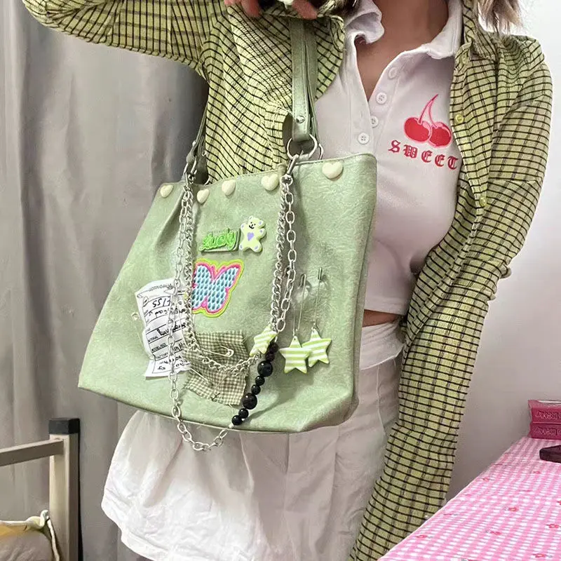 JIAERDI Harajuku Green Tote Bag Women Grunge Star Butterfly Patchwork Large Capacity Shoulder Bag Ladies Vintage Y2k Handbags