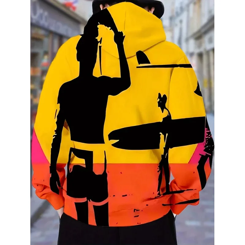 Men Yellow Orange Gradient Surfing Silhouette Abstract Print Hoodie Drawstring Pocket Long Sleeve Casual Pullover Sweatshirt