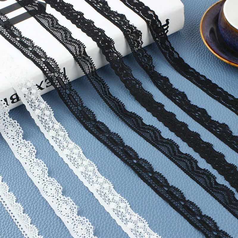 1cm Lace Trim Elastic Force Black Eyelet Lace Trim Lace Applique African Embroidery White Fabric 5 Yards Cotton DIY Flower Tulle