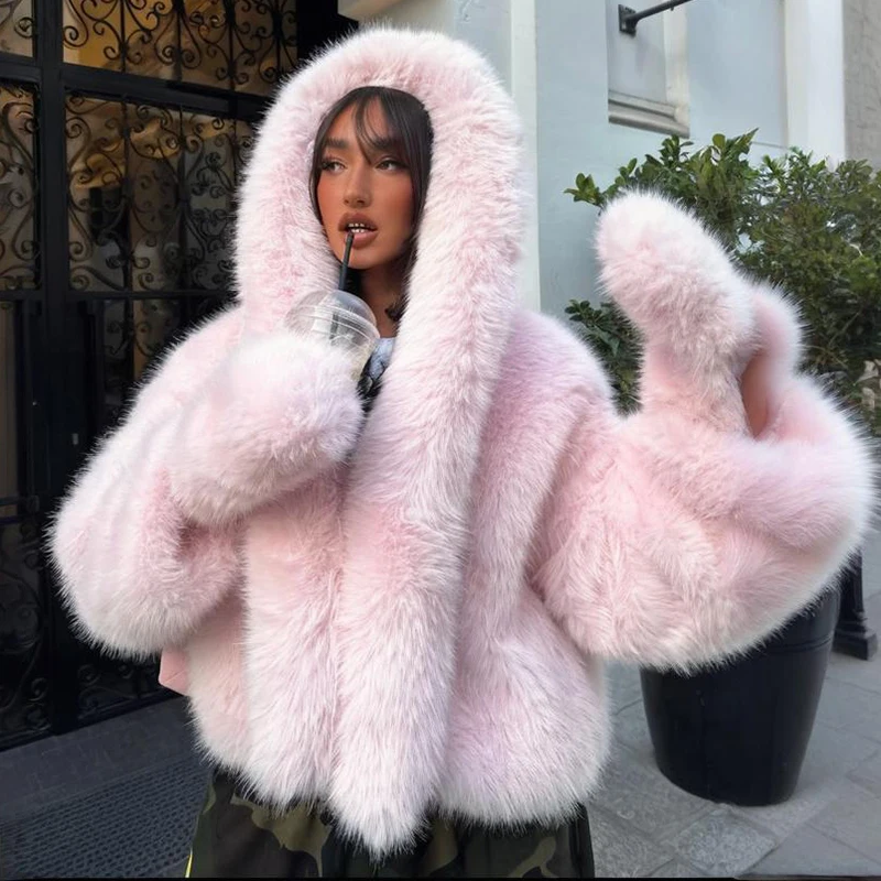 

Typhaland Luxury Faux Fur Hooded Jacket Women Ins Hot Long Sleeve Furry Short Coat Female Streetwear Warm Outerwear 2026 New