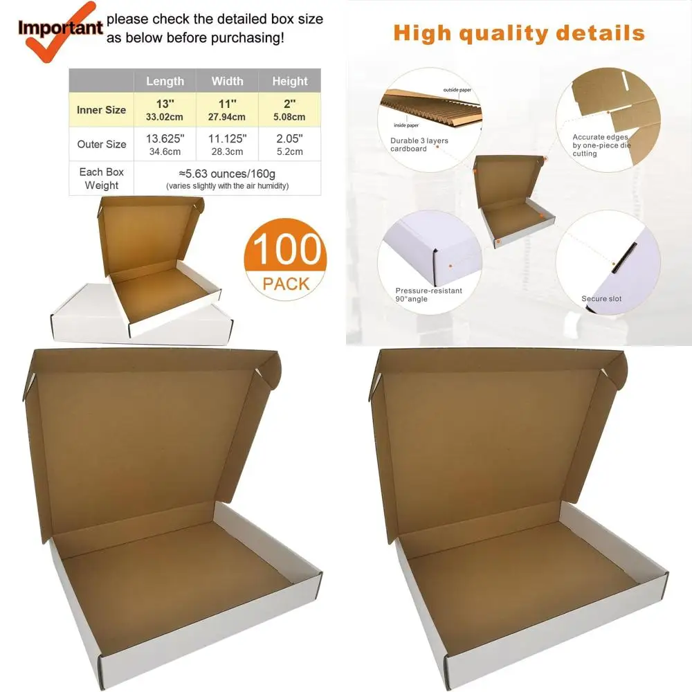 

100 Pack 13x11x2 Small Shipping Boxes, White Corrugated Cardboard Mailers for Business