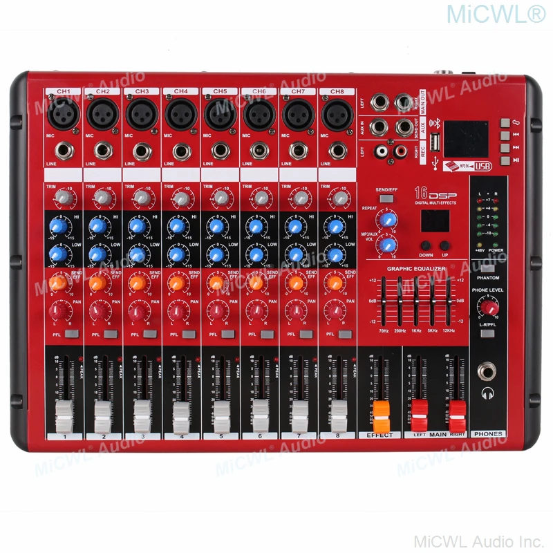 Mixer de áudio xlr vermelho de 8 canais, 6.35mm, ganho de 8 entradas, bluetooth, mp3, usb, musich, telefones, console de mixagem aux, mcwl mr800